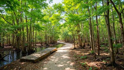 Winding path through lush mangrove forest, nature's tranquility
