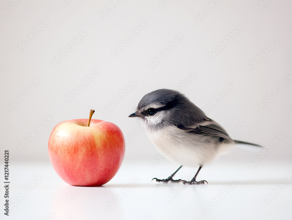Poster a small gray bird standing next to a red apple on a white backdrop in a minimalist and clean image p