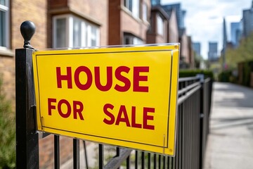 Obraz premium real estate, A vibrant yellow sign reading 'HOUSE FOR SALE' prominently displayed on a fence, signaling potential buyers with a sense of opportunity and excitement. house for sale on banner