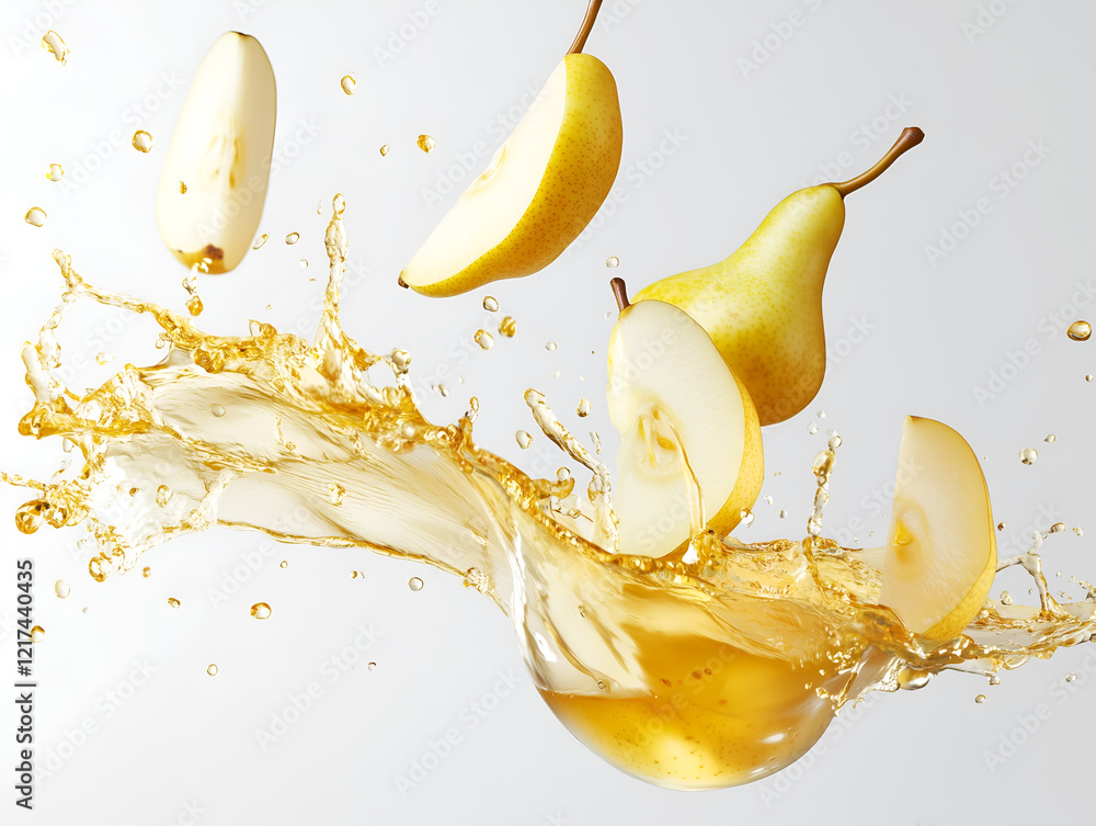 Poster pear slices flying through the air and splashing into a burst of golden pear juice creating a dynami