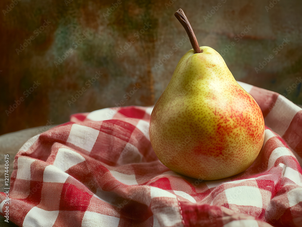 Poster single ripe pear on a red and white checkered tablecloth with soft lighting, capturing a rustic and 
