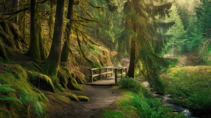 A serene wooden bridge nestled in a lush, green forest with tall, moss-covered trees, capturing the tranquility of nature.