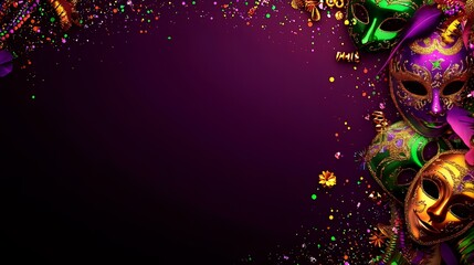 Colorful Mardi Gras masks and confetti border. Festive celebration background for invitations or banners