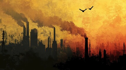 Obraz premium Silhouette of a polluted city with chimneys emitting thick smoke, heavy emphasis on smog and air quality issues.