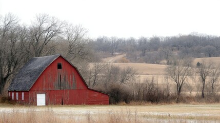 Fototapeta premium A picturesque rural scene featuring a vibrant red barn with a gray metal roof,