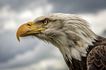 Fototapeta premium A close-up capturing the raw beauty of a bald eagle's head, with wind-ruffled feathers adding to its wild allure.