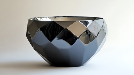 A geometric pot with overlapping triangles and reflective surfaces