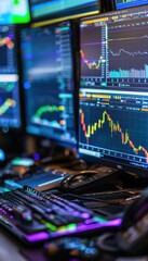 Fototapeta premium High-Tech Financial Analyst Workspace with Stock Market Data and Graphical Displays