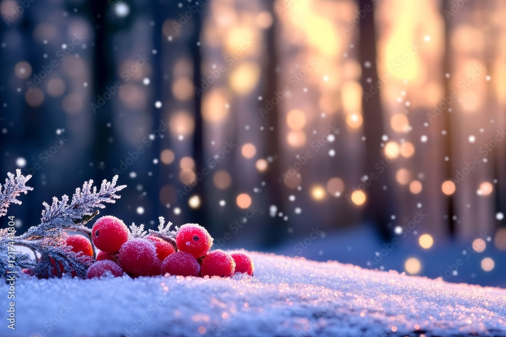 Poster winter berries in snowy forest - red berries covered in frost rest on a snowy surface with a blurred