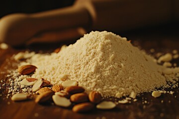 A pile of flour and nuts on a wooden table. The flour is white and the nuts are brown