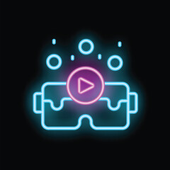 Neon icon of vr glasses playing a video with floating bubbles, representing the immersive and engaging nature of virtual reality entertainment
