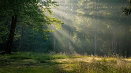 A serene forest scene with sunlight filtering through the trees, creating a magical atmosphere in the lush greenery.