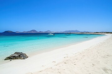 Desert dunes of Corralejo on Fuerteventura island, contrast of white sand and blue ocean . travel destinations,atlantic ocean