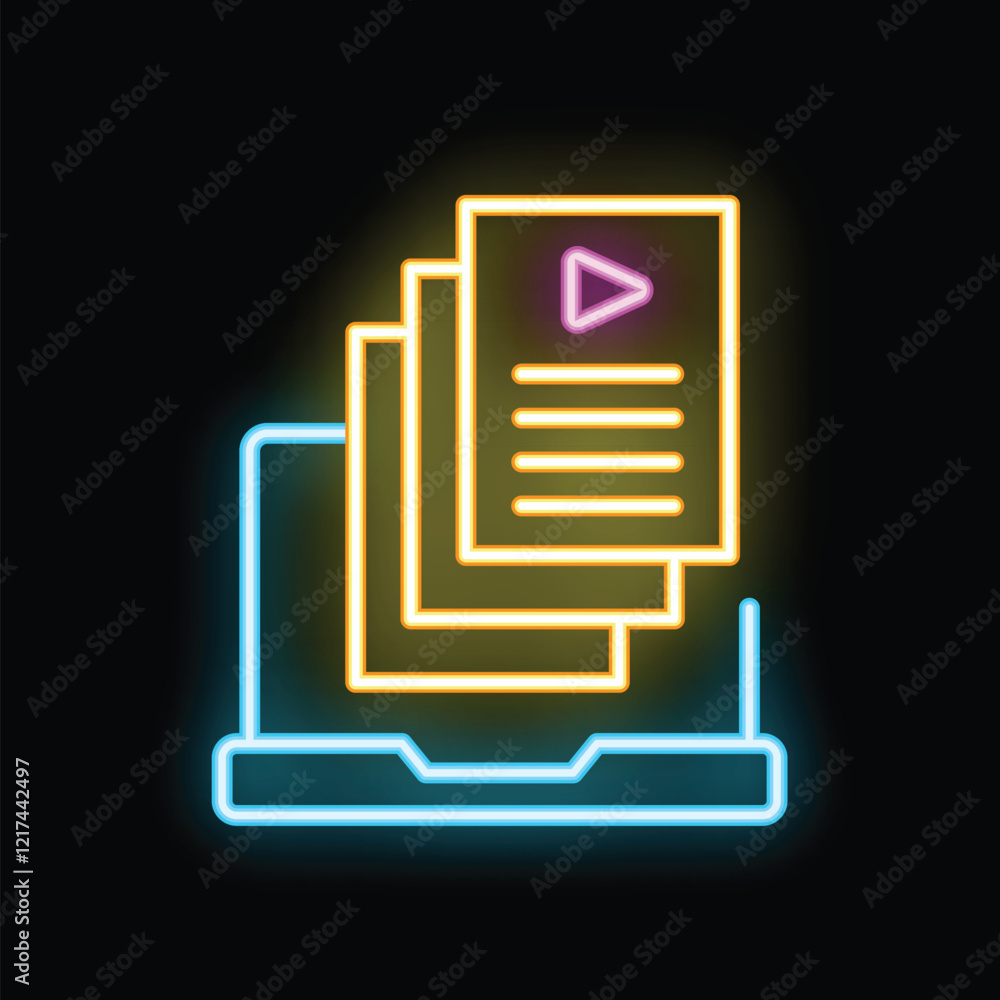 Poster neon icon of a laptop displaying multiple videos for streaming on a dark background