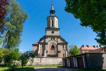 Fototapeta premium Church of Saint Nicholas (kościół Świętego Mikołaja), front view. Pyskowice, Poland.