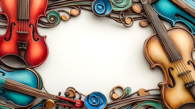 Colorful violins frame white background; musical design; space for text; ideal for music website or concert poster
