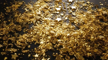 A mesmerizing spread of golden confetti, including stars, spirals, and coins, creating a festive and luxurious atmosphere.