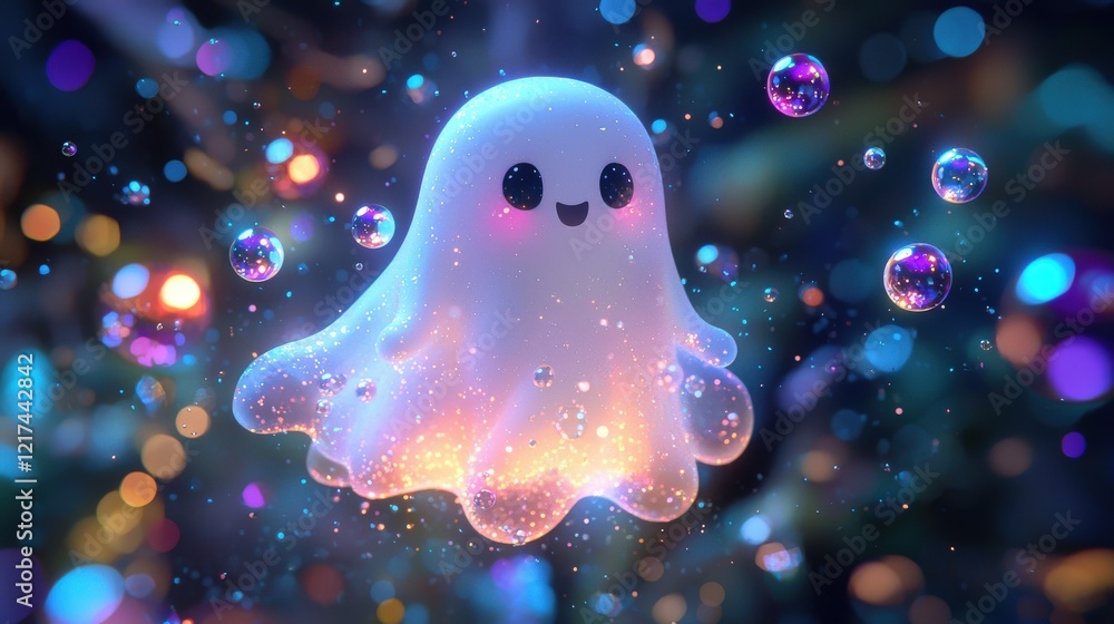 Poster cute and colorful ghost character surrounded by bubbles and sparkling lights in a whimsical fantasy 