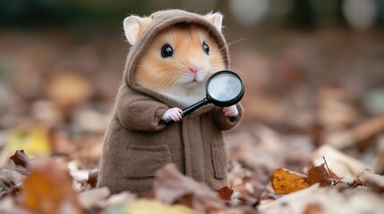 Adorable hamster dressed as a detective, curiously looking through a magnifying glass, generative ai