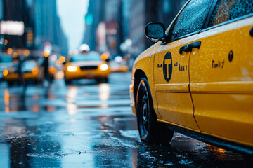 Yellow Taxi Cab Driving Through Autumn City Streets with a Scenic Urban Backdrop, Generative AI