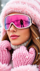 A chic woman in pink fur and cozy knitted gloves, wearing reflective ski goggles, enjoying the snowy winter outdoors.