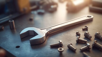 A wrench is on a table with many screws. The wrench is silver and has a black handle
