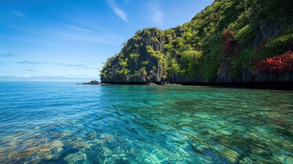 Fototapeta premium A serene tropical paradise showcasing crystal-clear turquoise waters against a backdrop of lush green cliffs, perfect for relaxation and adventure.