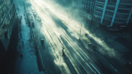 Fototapeta premium Streetlights casting long shadows in a smog-filled urban area, eerie atmospheric effect, symbolic of air pollution.