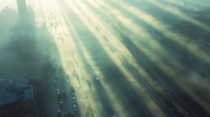 Fototapeta premium Streetlights casting long shadows in a smog-filled urban area, eerie atmospheric effect, symbolic of air pollution.