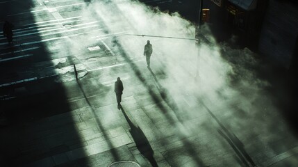 Streetlights casting long shadows in a smog-filled urban area, eerie atmospheric effect, symbolic of air pollution.