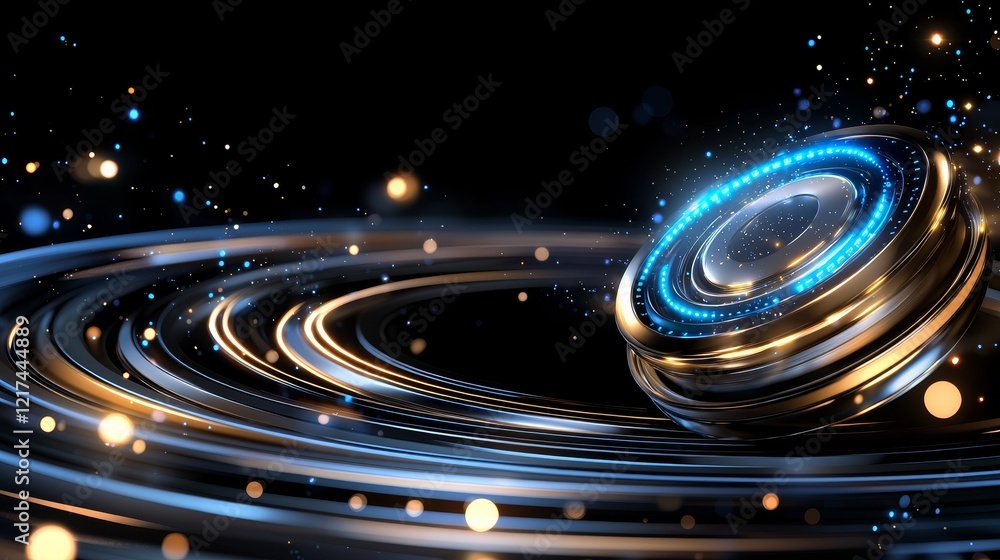 Poster dynamic spinning disc animation futuristic digital environment abstract visual art dark background h