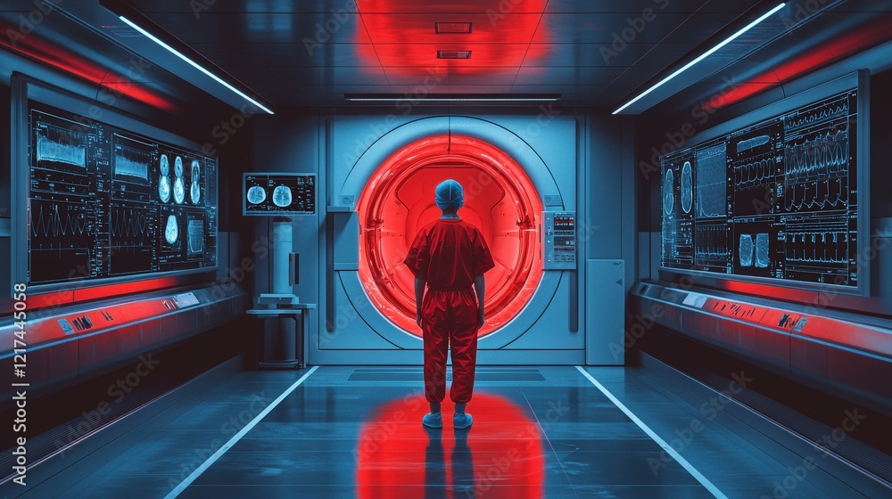 Poster scientist in red room stands before a large futuristic scanner in a high-tech laboratory setting