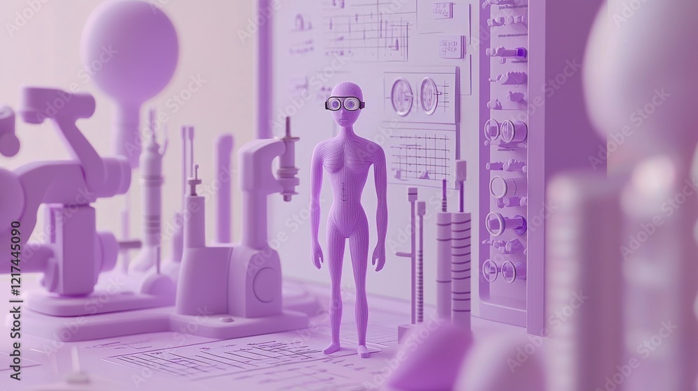 Poster 3d character in laboratory setting surrounded by scientific equipment and tools with purple color sc