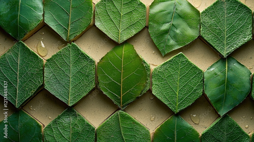Poster close-up of fresh green leaves arranged in a hexagonal pattern on a light brown surface with water d