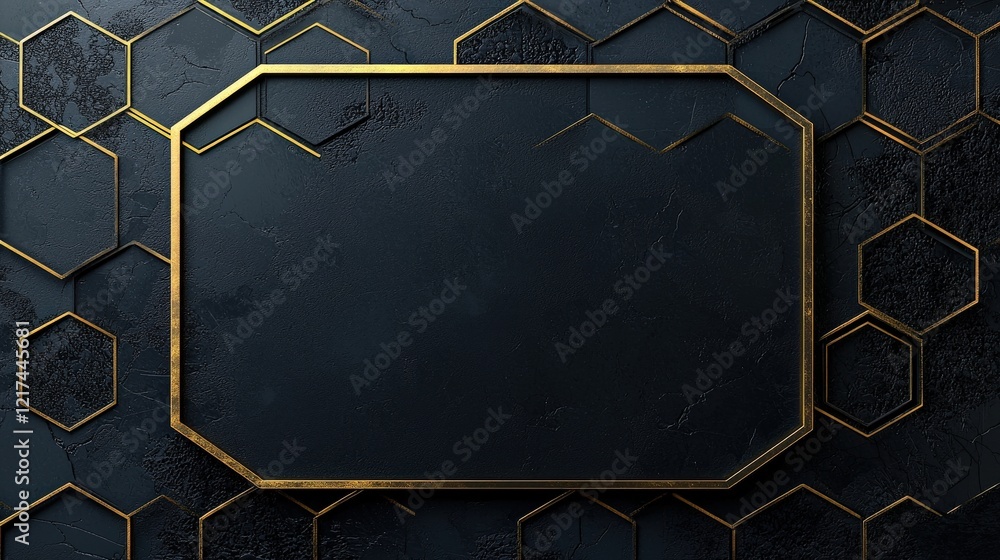 Poster elegant dark background with gold hexagonal frame and textured surface for design, presentations, an
