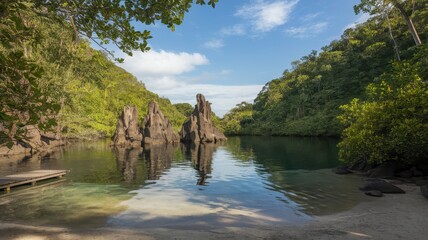 Obraz premium A serene view of a calm lagoon surrounded by lush greenery and rock formations under a clear blue sky.