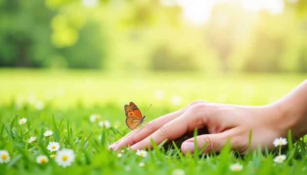 Gentle hand touching lush green grass with butterfly, nature's tranquility - Powered by Adobe