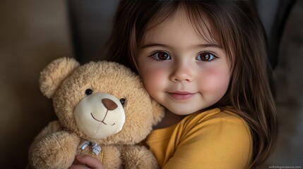 portrait of a cute little girl holding a brown teddy bear, smiling and looking at the camera inside the house.