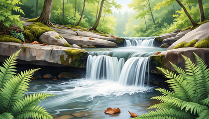 Serene waterfall cascading over rocks in lush forest, natural beauty