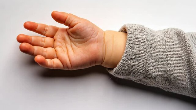 Baby hand reaching out on soft surface with cozy sweater detail in bright lighting