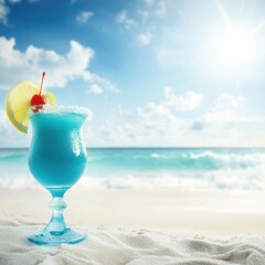 Refreshing blue cocktail by the beach tropical drink photography sunny day relaxing atmosphere coastal view