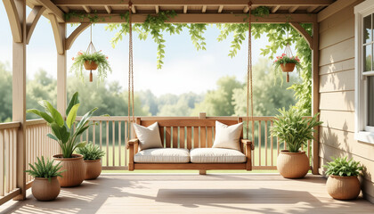 Cozy swinging bench on rustic porch with plants, inviting relaxation