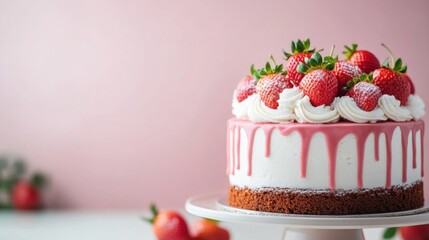 Delicious Strawberry Cake with Creamy Frosting and Dripping Pink Topping on a Light Background