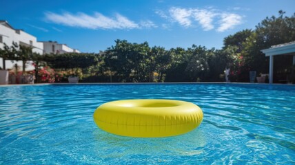A vibrant yellow pool float resting in sparkling turquoise water under a clear blue sky, creating a tranquil summer atmosphere.