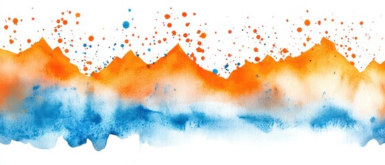 Obraz premium watercolor background with sunset colors, splashes, and paint drips on the surface of dark blue hills