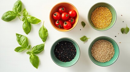 Naklejka premium Flatlay Cherry tomatoes, lentils, grains, basil, white background, recipe