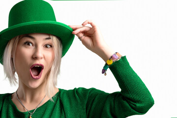 St. Patrick's Day. Beautiful smiling woman wearing green hat