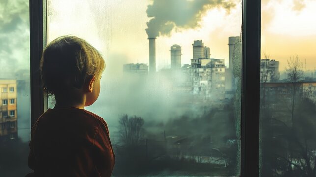 Young child looking out a window, the outside world obscured by thick air pollution, emotional and environmental awareness concept.