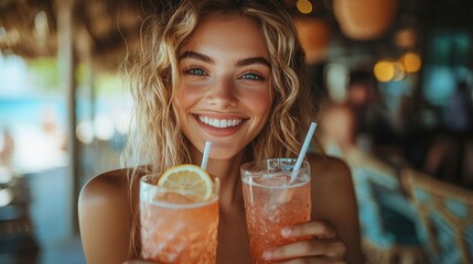 Woman Smiling Holds Two Refreshing Summer Cocktails