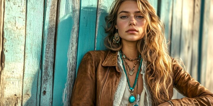 A stylish woman stands confidently against a rustic blue backdrop. She wears a brown jacket and bohemian jewelry. The image captures a carefree, artistic vibe. AI